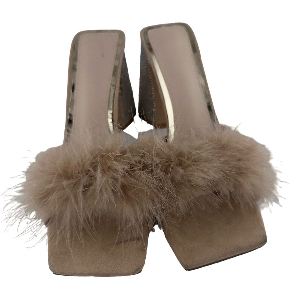 Feather Slip On Vegan Suede Rhinestone Block Heel Beige Size 7